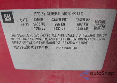 2012 Chevrolet Cruze 1Lt from USA, damaged, VIN 1G1PF5SC4C7116078